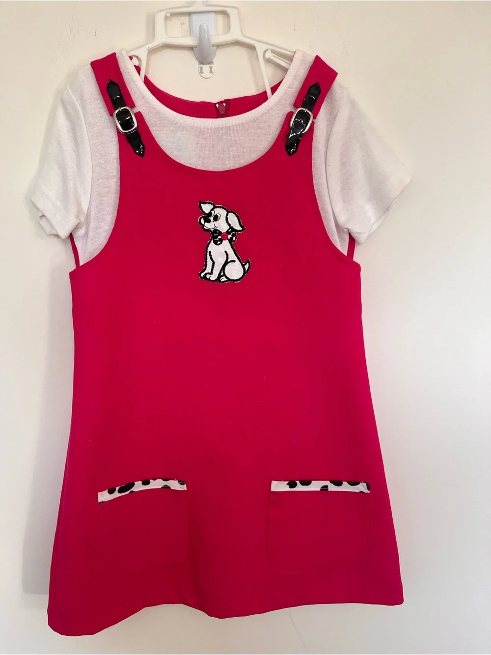 90’s Girls Hot Pink Puppy Pinafore Dress with White Tee — Cute Casual Set